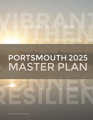 Cover of the 2025 Portsmouth Master Plan with a picture of the skyline of portsmouth at sunrise taken from the river with the words Vibrant authentic connect resilience superimposed over it.