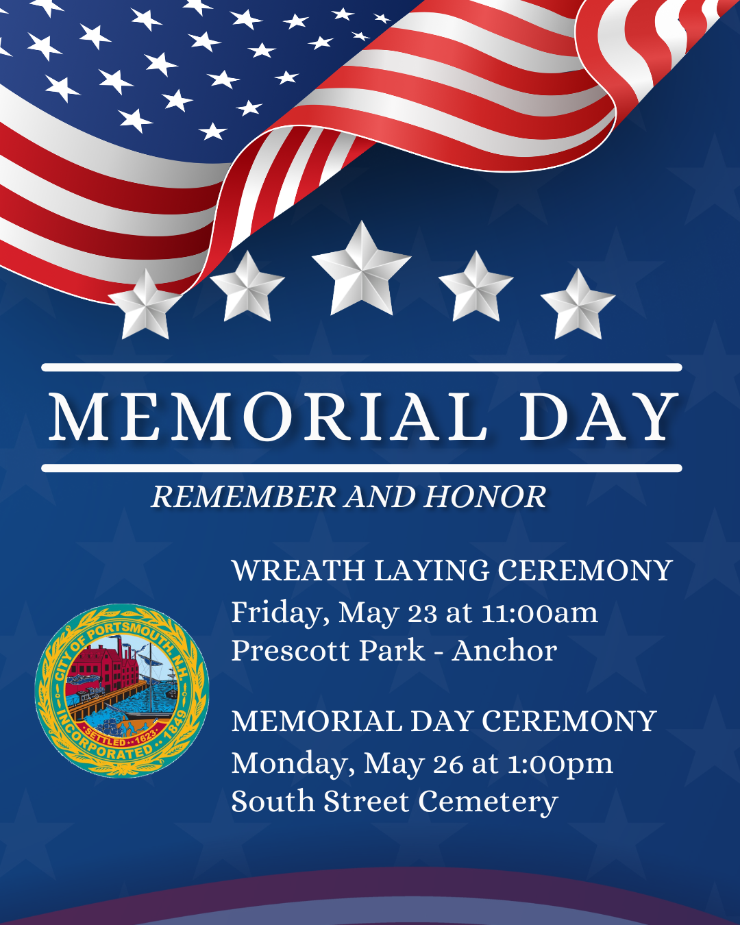 Memorial Day flyer with a waving US Flag and star pattern at the top. It includes event details in text