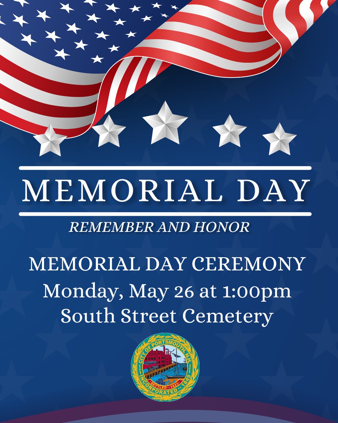 Memorial Day flyer with a waving US Flag and star pattern at the top. It includes event details in text