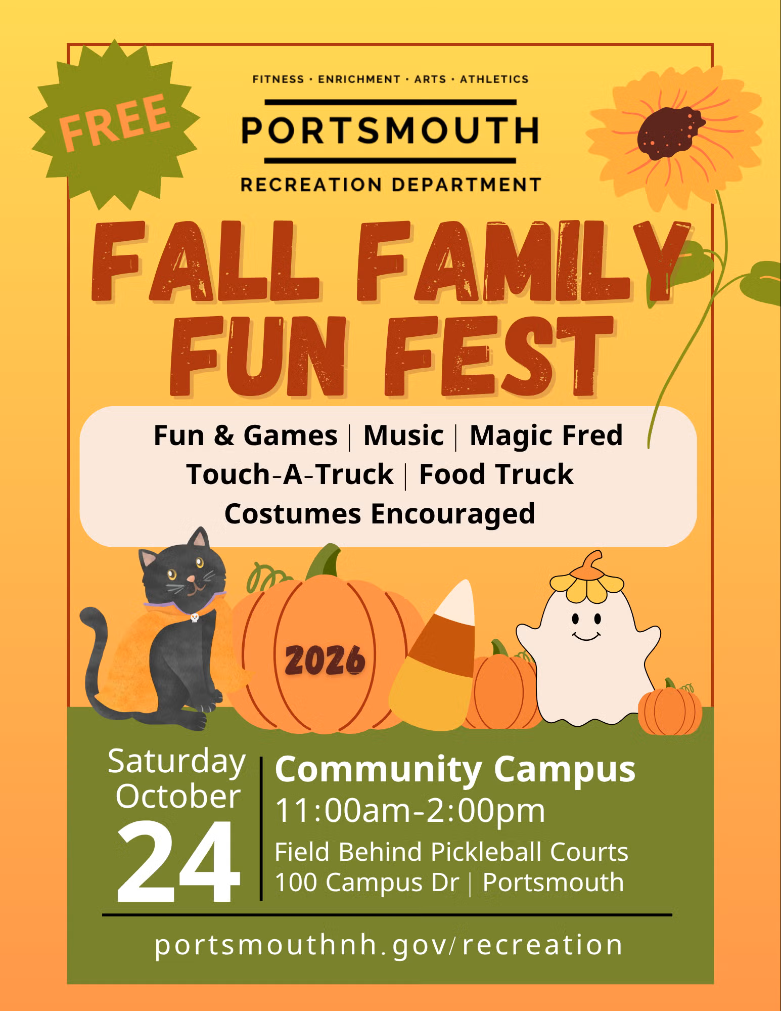 Fall Family Fun Fest Flyer with information on the event and graphics of pumpkins, black cat candy and a ghost