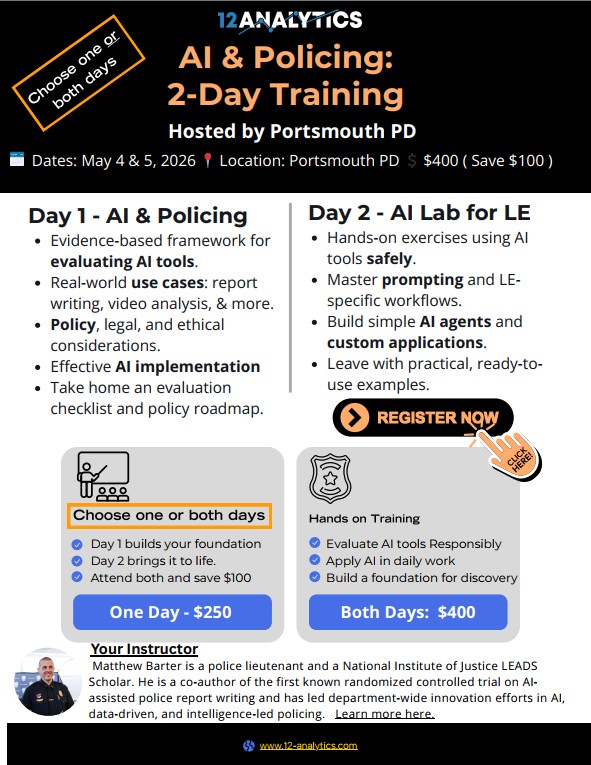 A flyer for upcoming "AI & Policing: 2-Day Training" course hosted by the Portsmouth Police Department on May 4 & 5, 2026 - $400 to register. Click image to be routed to the website to register directly with the training vendor, "12-Analytics.com"
