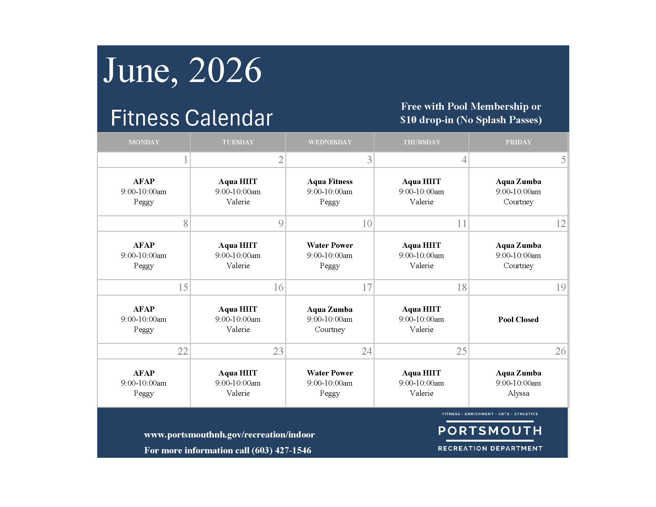 June 26 Fitness calendar