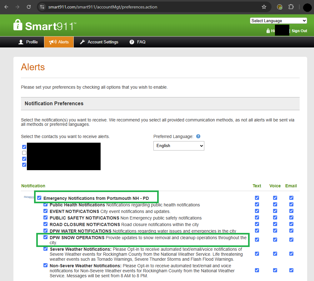 Smart911 screenshot of DPW Snow Operations signup