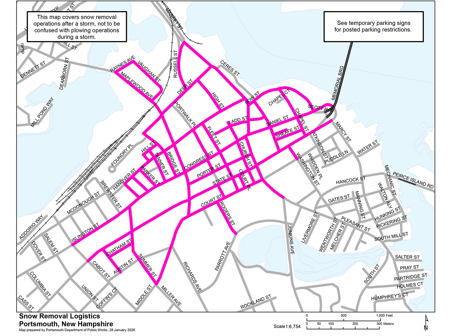 map of downtown Portsmouth, NH with highlighted streets denoting parking restrictions during snow load-out operations.