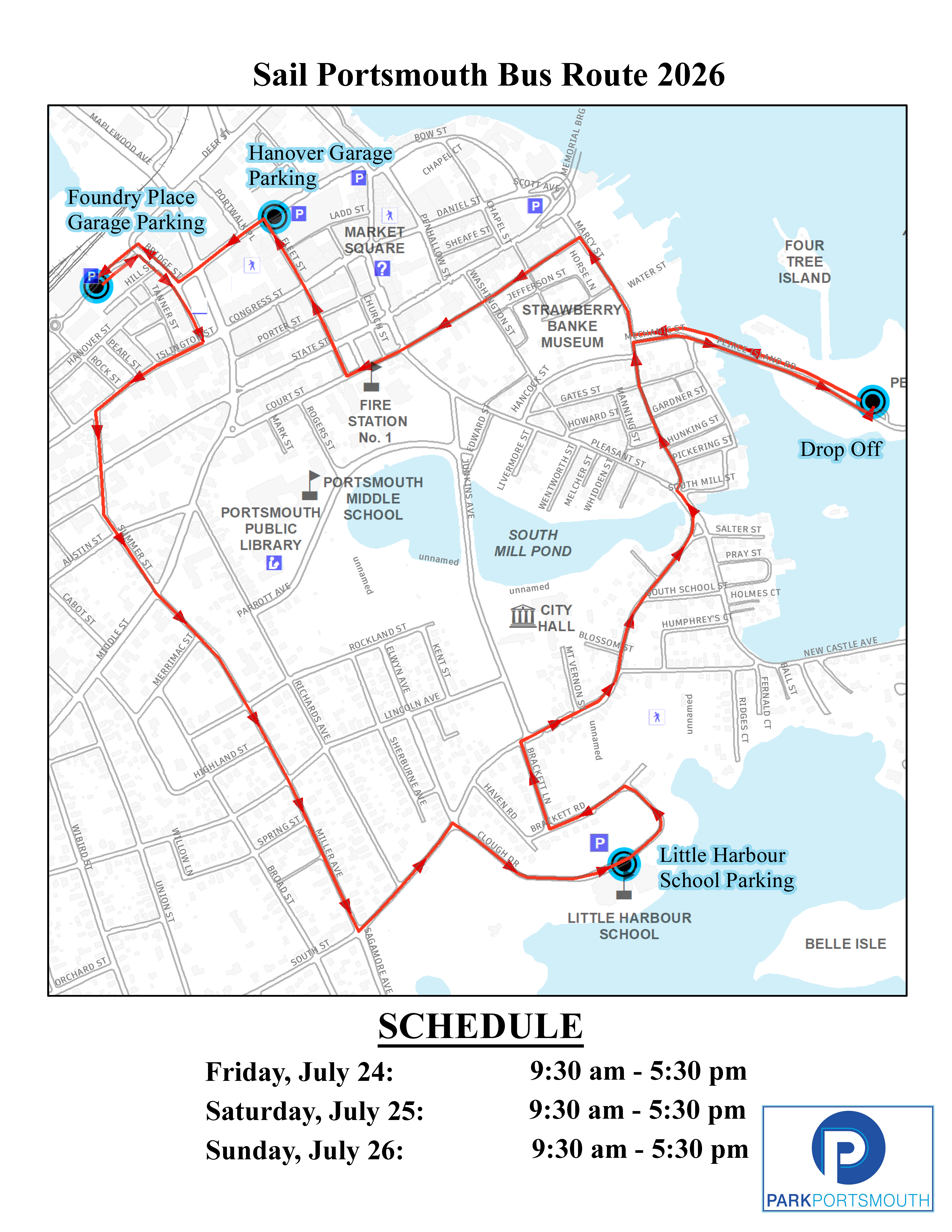 Sail Portsmouth Bus Route Map for 2026 which shows the 15-minute loop between the parking garages, Little Harbour School and the Fishing Pier where the tall ship is docked.
