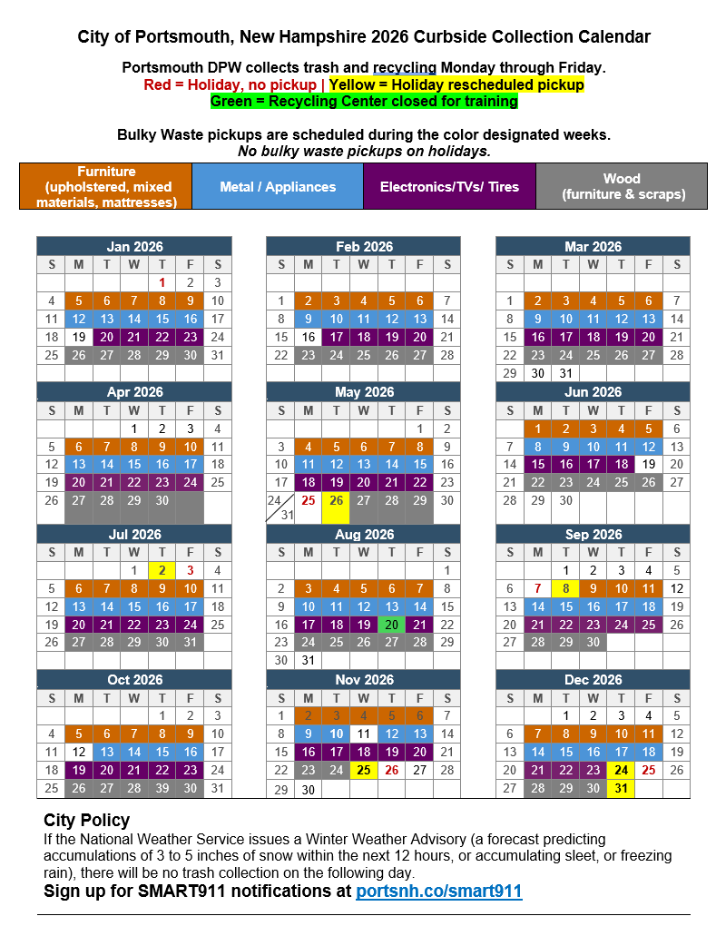 Colored calendar showing bulky waste pickup weeks.