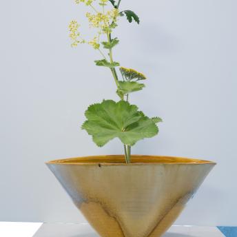 Yellow and Pink flowers in a golden vase