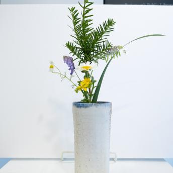 Green leafy flower and purple and yellow flowers in a white vase