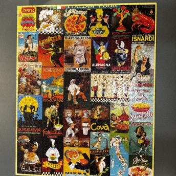 Puzzle made up of different italian food advertisements