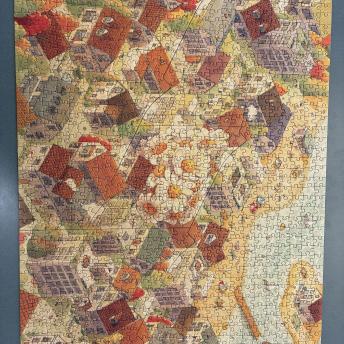 multiple houses, ariel view, beach and lake on the side, flowers in the middle