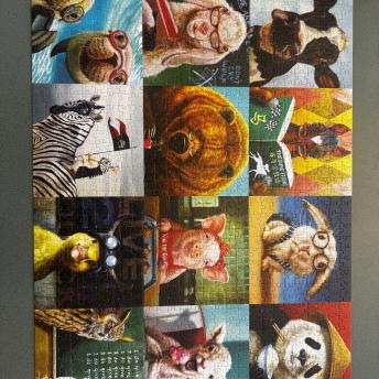 Heads of Cow, Horse reading a book, Bunny in glasses, panda eating rice, goat reading, bear sipping coffee, pig baking, lamb with icecream, seals underwater, zebra, duck, and owl teaching rat