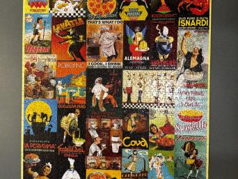 Puzzle made up of different italian food advertisements