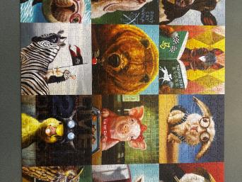 Heads of Cow, Horse reading a book, Bunny in glasses, panda eating rice, goat reading, bear sipping coffee, pig baking, lamb with icecream, seals underwater, zebra, duck, and owl teaching rat