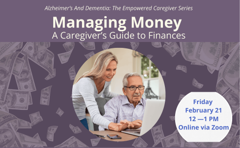 Older man and younger woman work on computer Managing Money Alzheimers and Dementia February 21