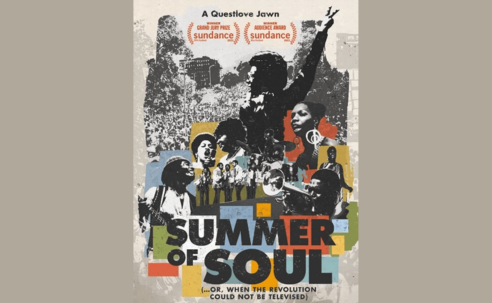 Summer of Soul film cover, black people protesting with Washington DC in the background