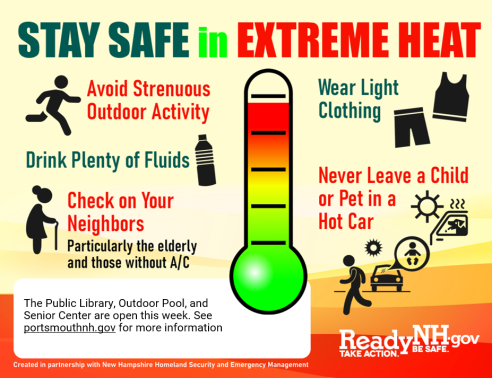 Extreme heat graphic with text that is repeated in the main content area.