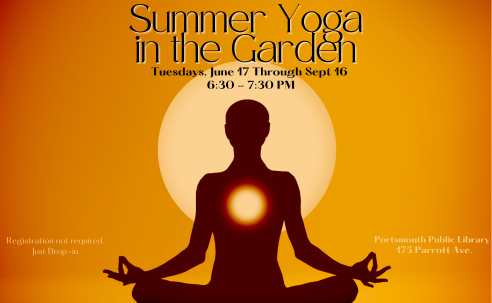 Person sitting outside cross legged with sun at back. Summer yoga Tuesdays 6:30