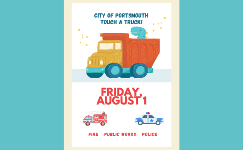 Dump truck with dinosaur in the bed of the truck. Police car. Fire Truck. Touch a Truck, Friday August 1 