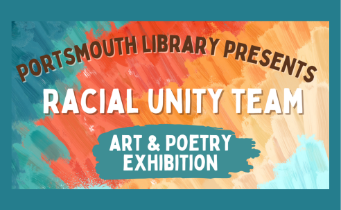 orange colorful splotch with teal. Racial Unity Team, Art and Poetry Exhibition