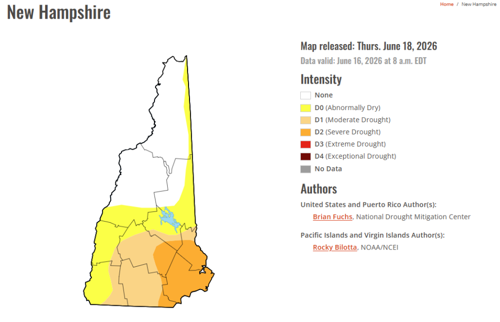 A drought map of New Hampshire that shows the Seacoast region in a "Severe Drought"