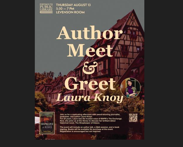 Author Meet and Greet flyer. Picture of author with lack hair, background of an old style house