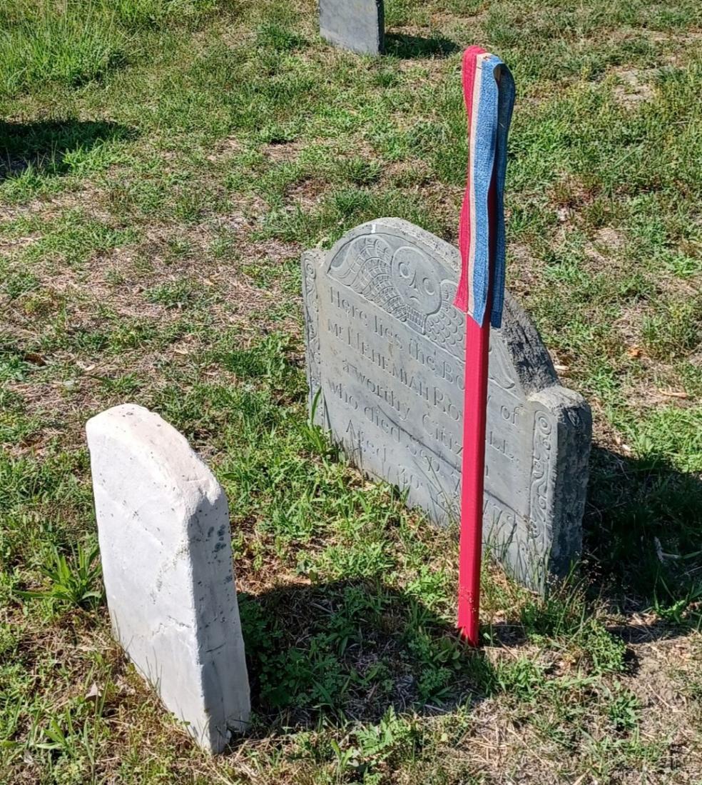  Revolutionary War veteran’s gravesite in North Cemetery, identified with a red, white and blue marker placed temporarily for the America 250th