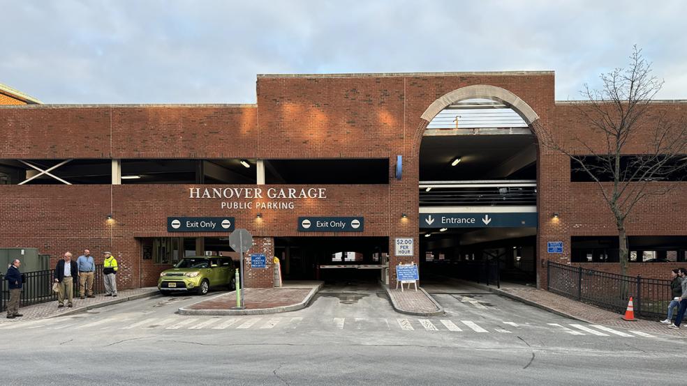 a picture of the main entrance of the Hanover Parking Garage on a sunny day