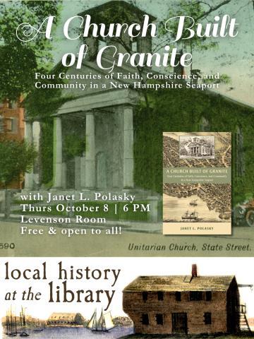 Flyer with old granite building, covered in greens