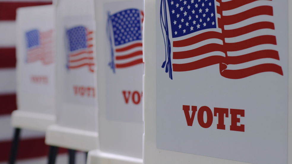 A row of white voting booths with American flags and the word VOTE on the front face