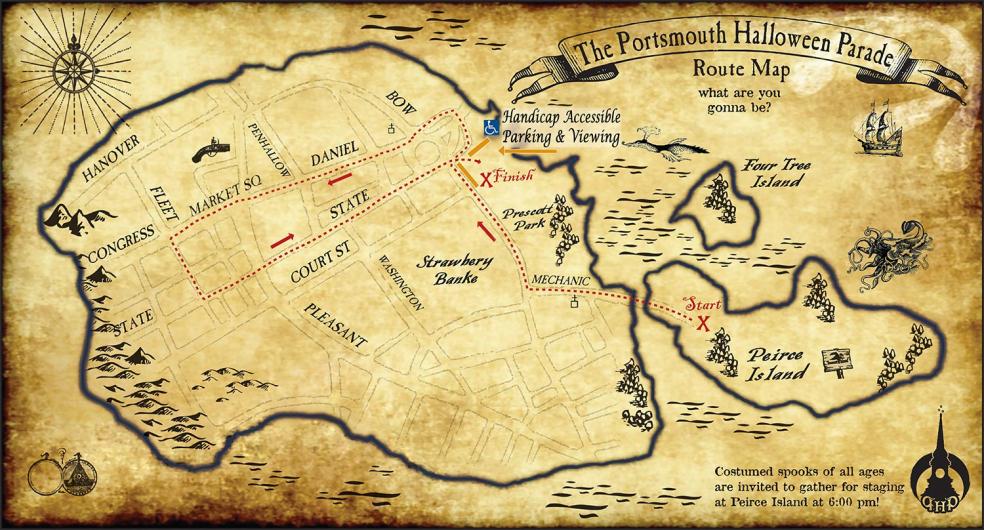 an image of the route for the Halloween Parade made to look like an old pirate map