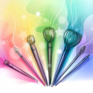 Make up brushes on rainbow background