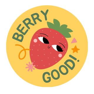 strawberry in circle with text:  berry good