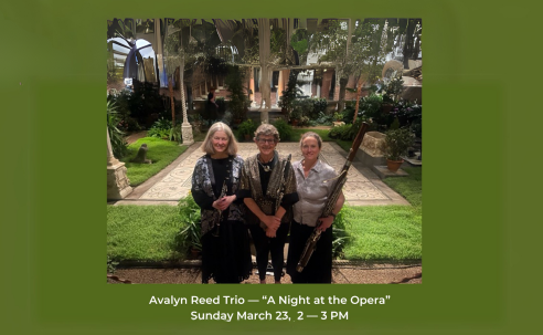 Nancy Fiske, Christine Fell, and Maria Isaak Standing outside on green grass with courtyard behind them. Avalyn Reed Trio Sunday March 23