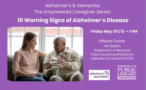 Woman and older man sitting on a couch in front of a window. Alzheimers and Dementia Know the 10 Warning Signs.