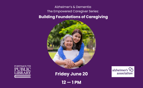Older woman seated on a bench with a younger woman hugging her around the neck from behind. Building Foundations of Caregiving. Alzheimer's and Dementia