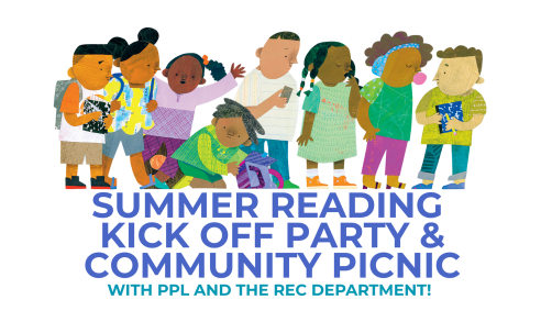 Lots of people of all colors hanging out Summer Reading Party Kickoff and Community Picnic