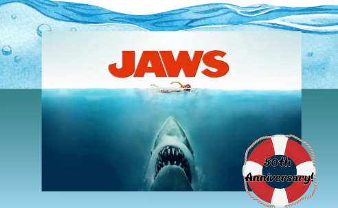 White Shark in Ocean with mouth agape swimming towards the surface. Jaws, Life Buoy in corner. 50th anniversary
