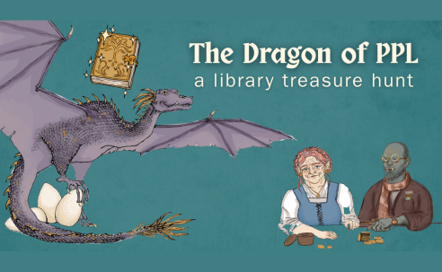 Dragon flying with two older people standing by. The Dragon of PPL Treasure Hunt