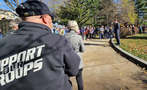 Veterans Day observance 2024. Portsmouth Mayor McEachern addresses the assembled crowd in Goodwin Park.