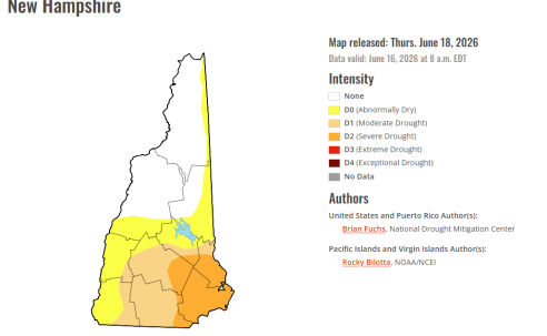 A drought map of New Hampshire that shows the Seacoast region in a "Severe Drought"