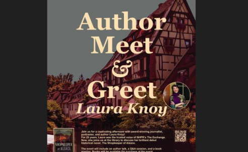 Author Meet and Greet flyer. Picture of author with lack hair, background of an old style house