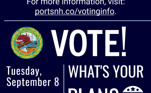 Graphic with eggplant colored background and white text that encourages voting with poll hours and a link for more information. 