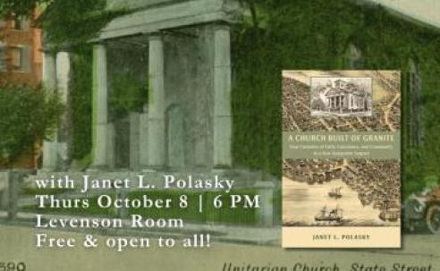 Flyer with old granite building, covered in greens