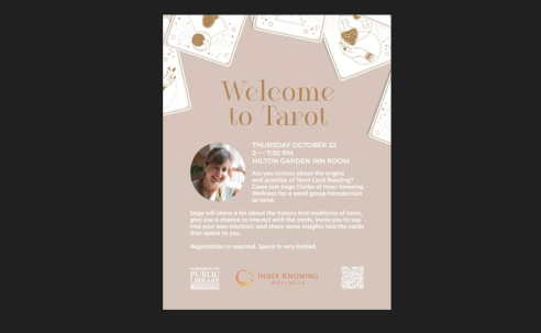 Poster with light pink background, tarot cards