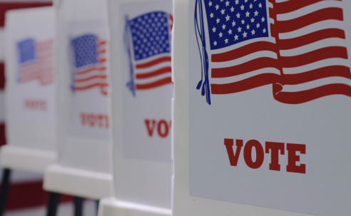 A row of white voting booths with American flags and the word VOTE on the front face