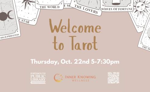 Poster with light pink background, tarot cards